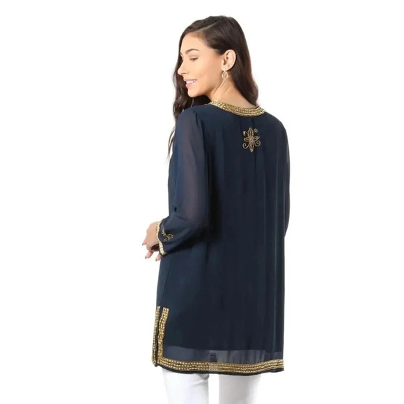 Novica Hand Embroidered Beads Semi-Sheer Dazzle Tunic Navy Size S - Picture 4 of 11